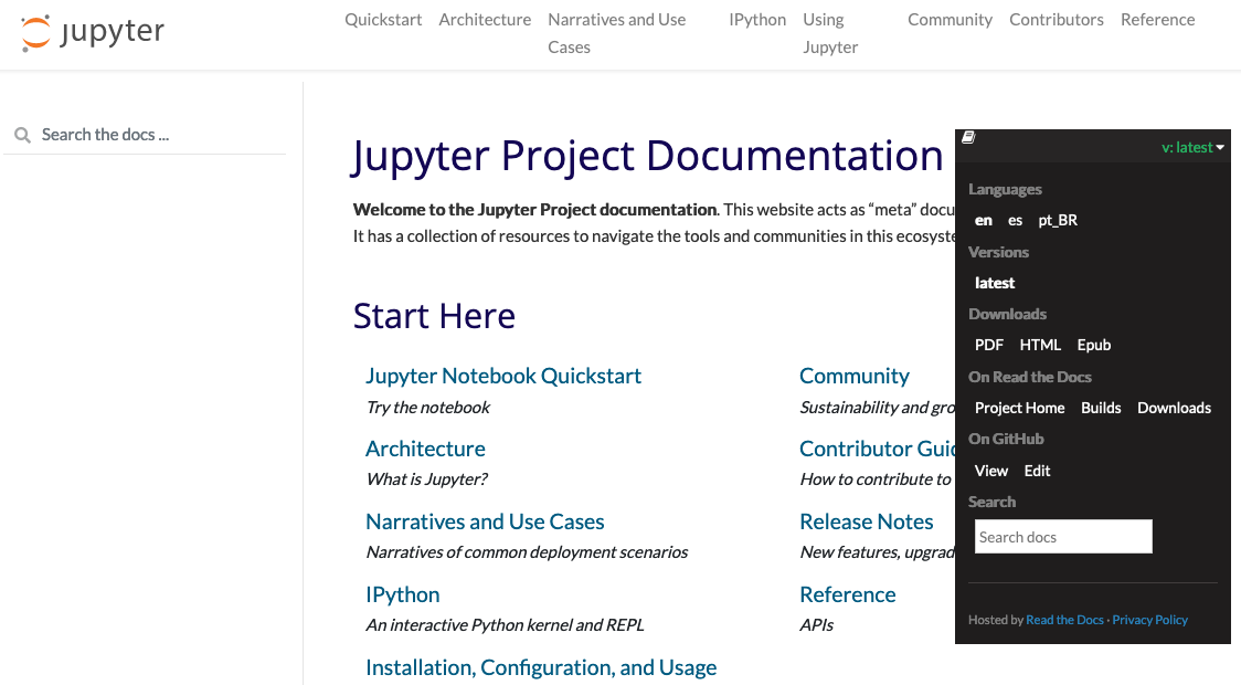 Project Jupyter documentation site with the ReadTheDocs popup open on the right, showing links to the documentation in other languages.